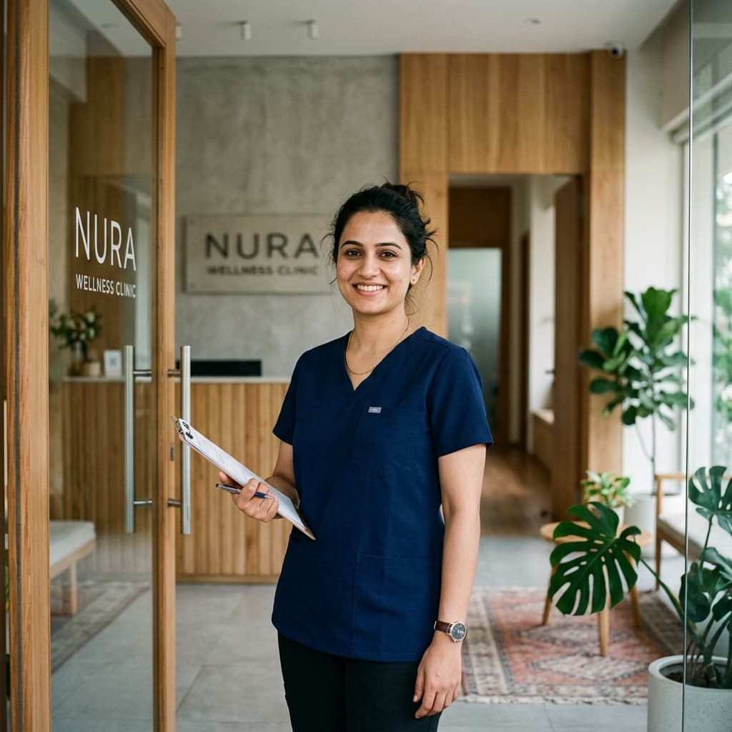 Confident general specialist doctor at modern clinic entrance